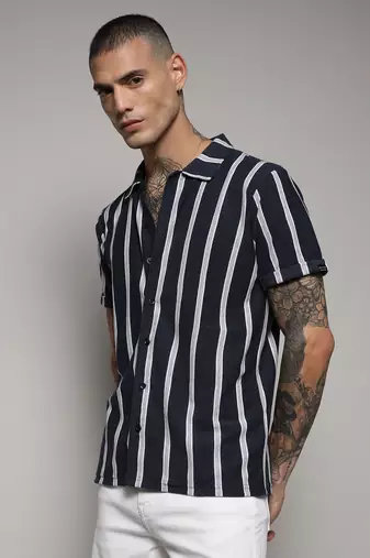 Men's prussian blue contrast halo striped shirt