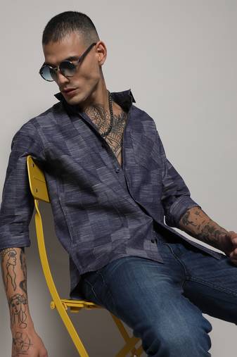 Men's steel blue heathered denim check shirt
