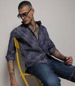 Men's steel blue heathered denim check shirt