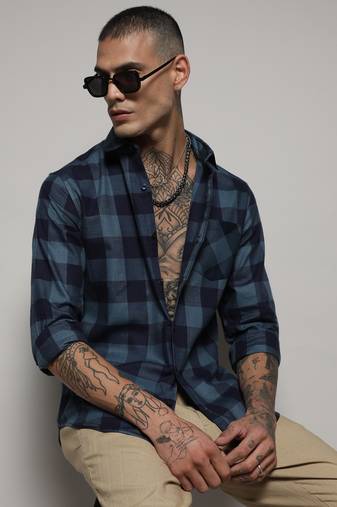 Men's prussian blue cotton check shirt