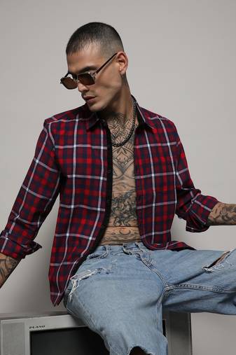 Men's navy blue & red tartan plaid shirt