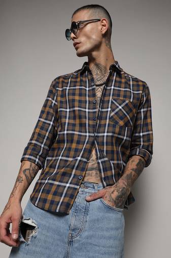 Men's cobalt blue & mustard yellow tartan plaid shirt