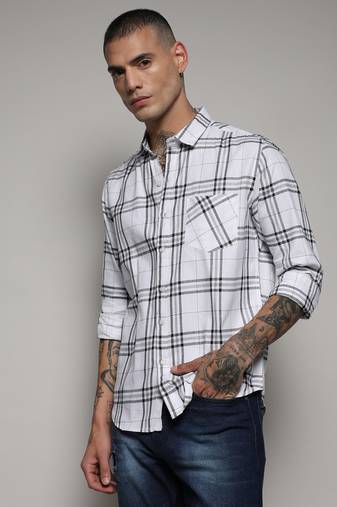 Men's white & black tartan plaid shirt