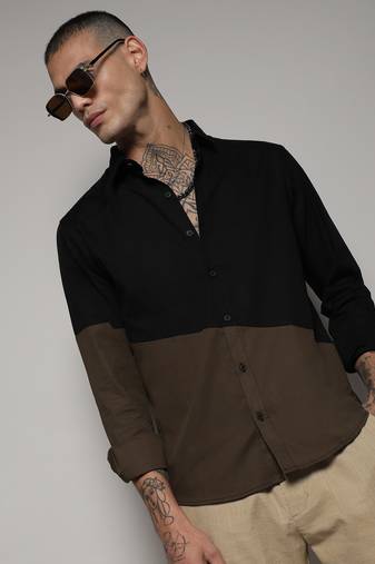 Men's black & olive green contrast panel shirt