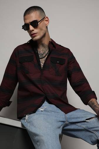Men's black & maroon red horizontal halo striped shirt