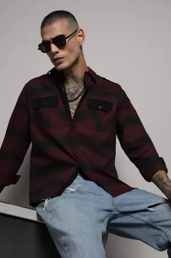 Men's black & maroon red horizontal halo striped shirt