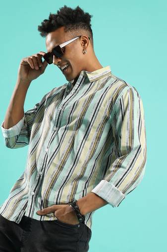 Campus sutra men's mint green faded barcode striped shirt