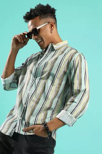 Campus sutra men's mint green faded barcode striped shirt