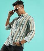 Campus sutra men's mint green faded barcode striped shirt