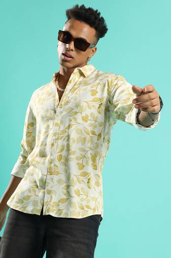 Campus sutra men's artistic foliage print button up shirt