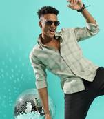 Campus sutra men's sage green tartan plaid shirt