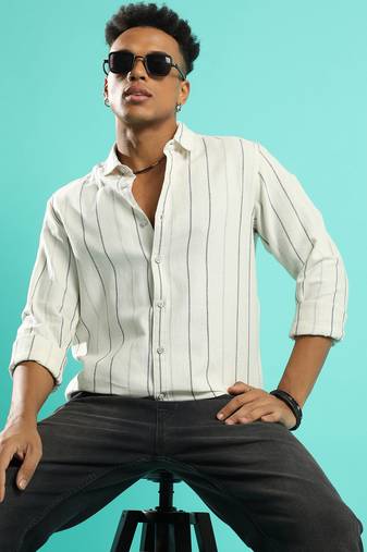Campus sutra men's beige contrast pinstriped shirt