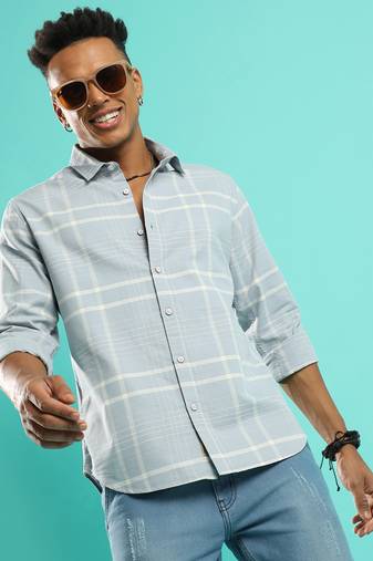 Campus sutra men's light grey contrast tartan plaid shirt