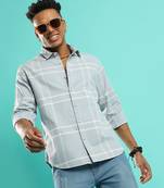 Campus sutra men's light grey contrast tartan plaid shirt