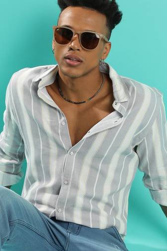Campus sutra men's light grey shadow striped shirt
