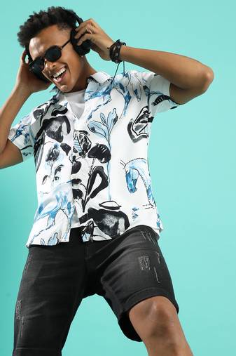 Campus sutra men's black & blue foliage horse shirt