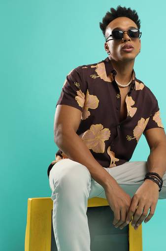 Campus sutra men's brown hibiscus print shirt