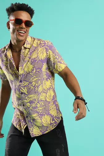 Campus sutra men's lavender & yellow contrast foliage shirt