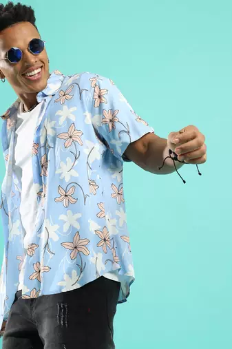Campus sutra men's sky blue airy flower shirt
