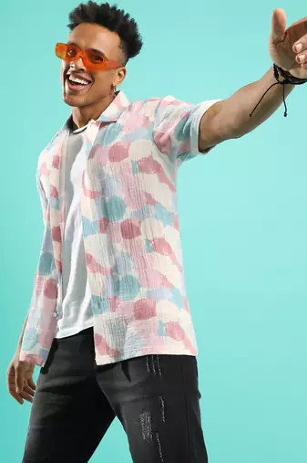 Campus sutra men's blush pink & light blue artistic abstract shirt