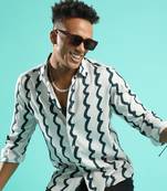 Campus sutra men's white & navy blue contrast paint lines shirt