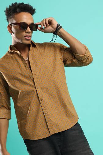 Campus sutra men's tan brown micro flower shirt