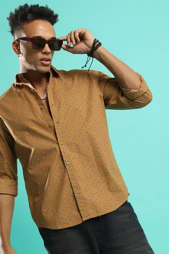 Campus sutra men's tan brown micro flower shirt