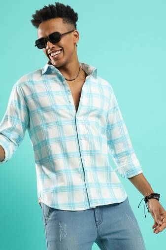 Campus sutra men's white & light blue tartan plaid shirt