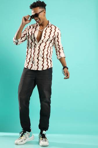 Campus sutra men's beige & brown contrast paint lines shirt