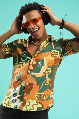 Campus sutra men's mustard yellow & forest green artistic romance shirt