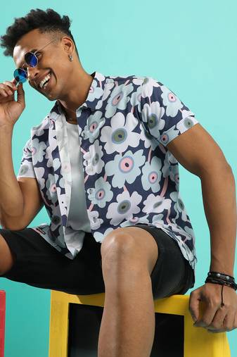 Campus sutra men's indigo blue maxi floral block shirt
