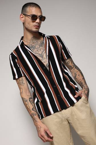 Campus sutra men's black & brown barcode striped shirt