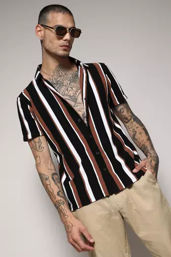 Campus sutra men's black & brown barcode striped shirt