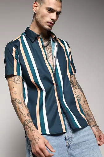 Campus sutra men's prussian blue club striped shirt