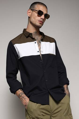 Campus sutra men's navy blue & olive green contrast panel shirt