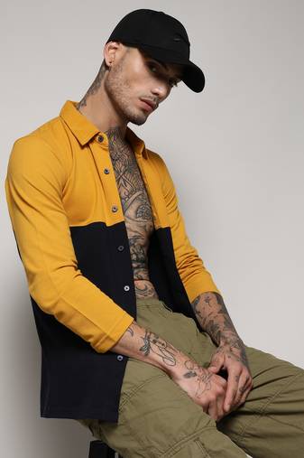 Campus sutra men's navy blue & mustard yellow contrast panel shirt