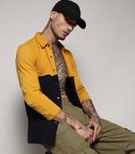 Campus sutra men's navy blue & mustard yellow contrast panel shirt