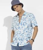 Men's artistic foliage print button up shirt