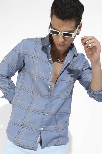 Men's icy blue tartan plaid shirt