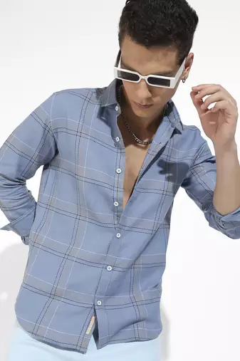 Men's icy blue tartan plaid shirt
