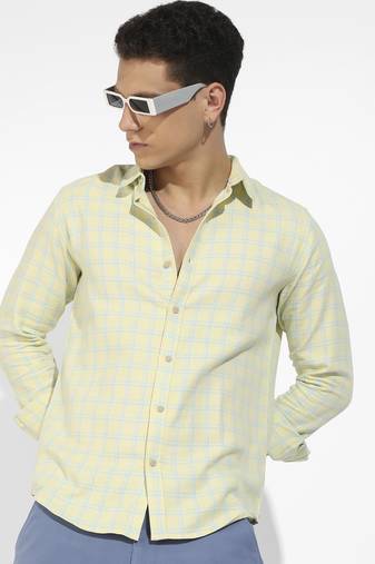 Men's lemon yellow tartan plaid shirt