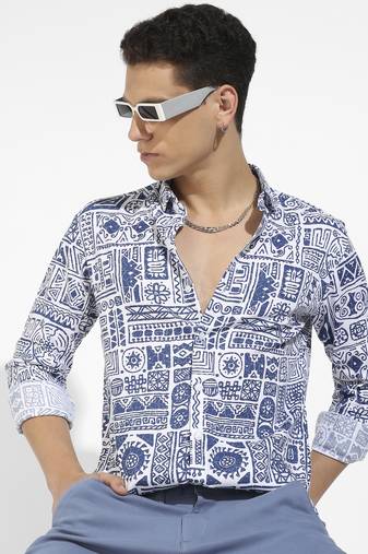 Men's indigo blue contrast aztec shirt