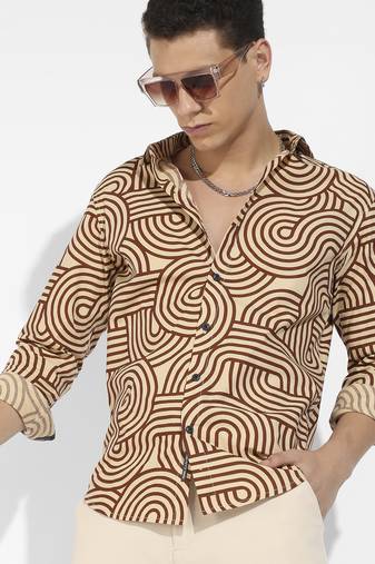 Men's beige & brown contrast lines shirt