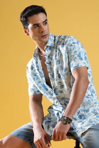 Men's artistic foliage print button up shirt