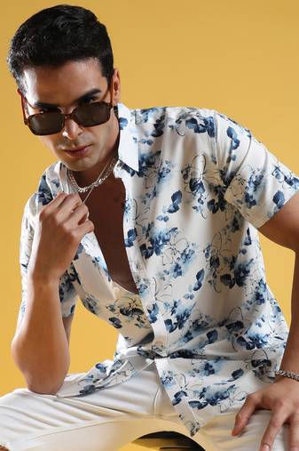 Men's blue & white botanical strokes shirt