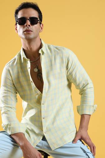 Men's lemon yellow tartan plaid shirt