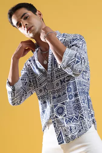 Men's indigo blue contrast aztec shirt
