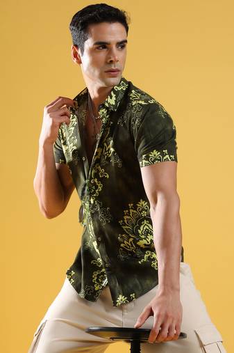 Men's forest green ethnic motif shirt