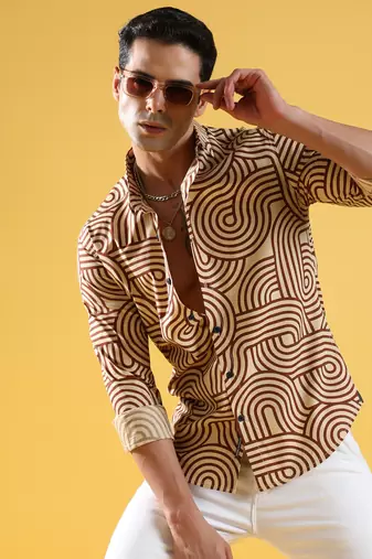 Men's beige & brown contrast lines shirt