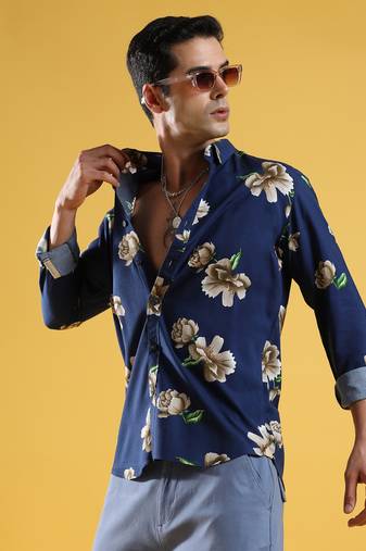 Men's indigo blue floral print shirt